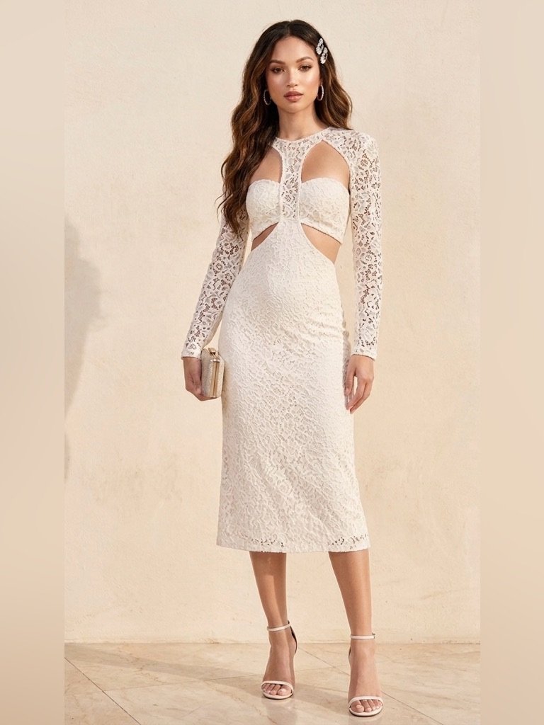 Revolve | Bardot Lace Cut-Out Long Sleeve Midi Dress In Oyster Event|Cocktail